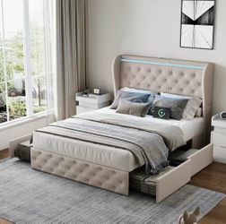 Full size Bed Frame with Headboard LED Lights, Upholstered Velvet Platform Bed with Charging Station