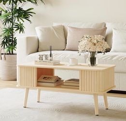 Wood Coffee Table with Storage, 2-Tier Modern Center Table, Rectangular Tea Tables for Living Room, Rounded Edges, Easy Assemble, Oak
