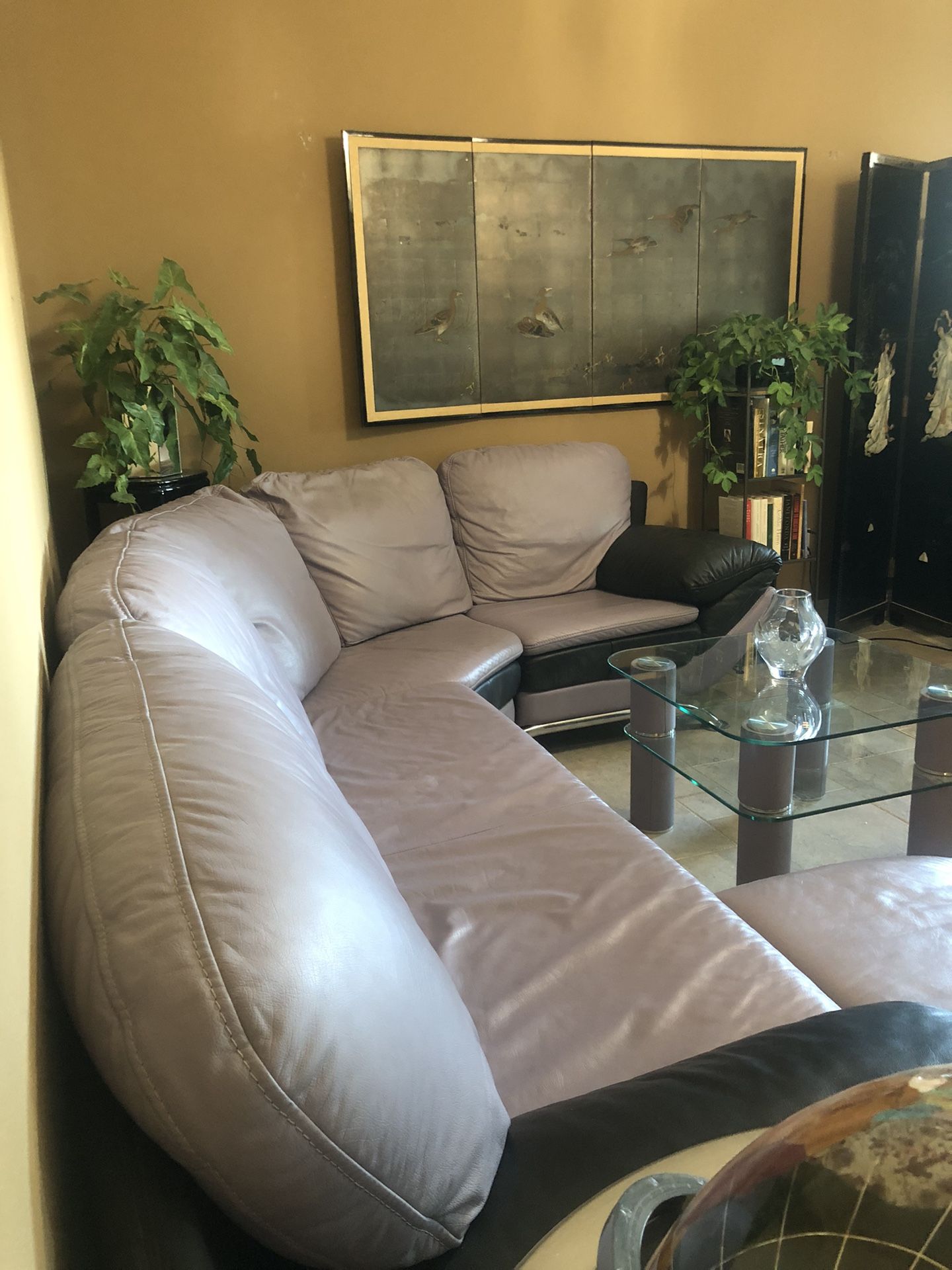 Italian Leather Black And Gray Art Deco Couch