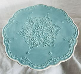 Pier 1 Imports “Lacy” Aqua Blue Cake Stand, Hand-painted Dolomite, Perfect Condition   
