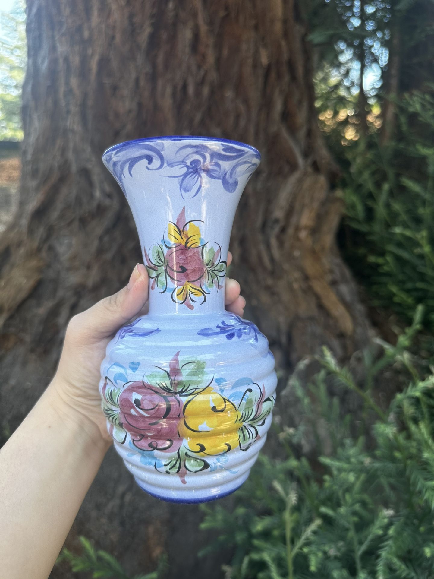 portugal ceramic pottery vase blue with flowers. Hand painted. 7" tall.