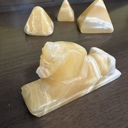 Egyptian Hand Carved Alabaster Sphinx and Pyramid Decor 4 Pieces 