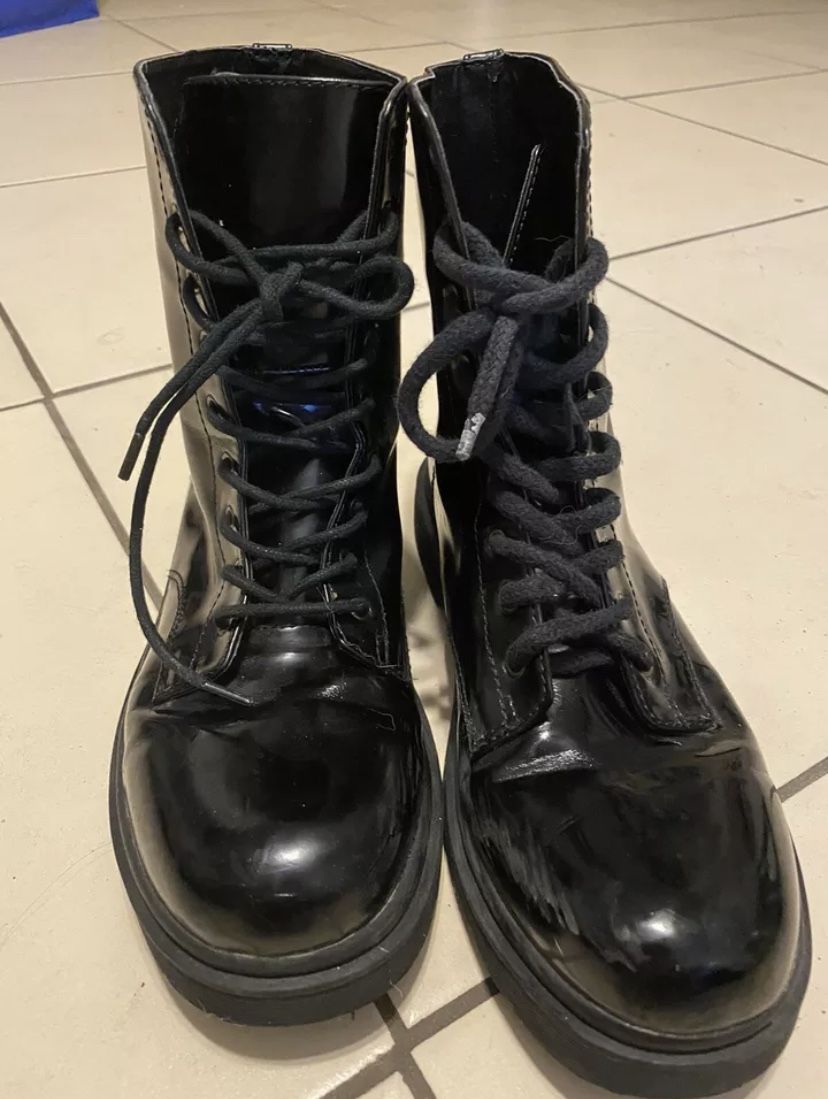 Size 10, Faux Patent Leather Black Combat Boots