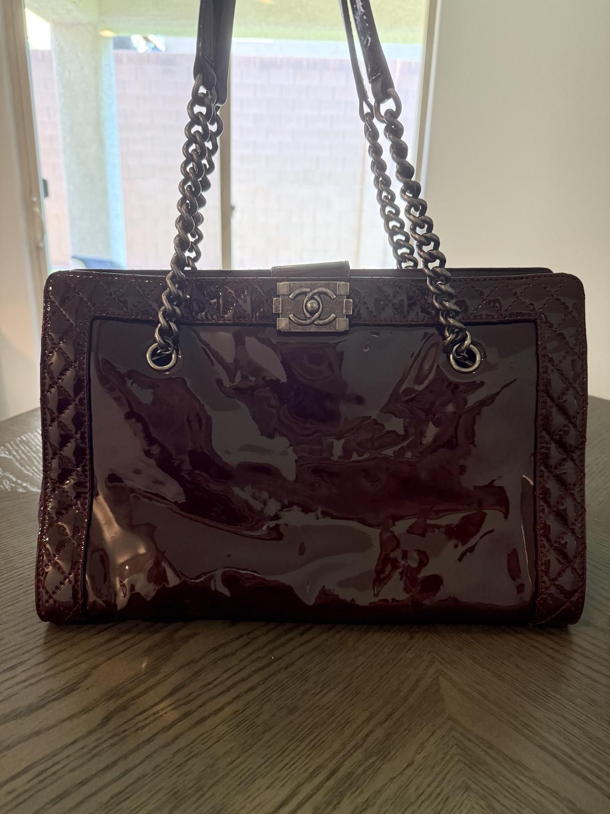 CHANEL Patent Leather Boy Reverso Tote Bag Burgundy