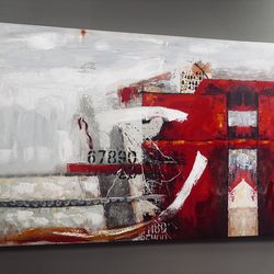 Large Textured Abstract Canvas 60x40 – Modern Red White Gray Statement Wall Art