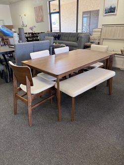 Mid-Century Dining Table Set with Chairs and Bench
