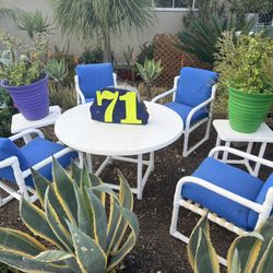 White PVC Patio Table & 4 Chairs w Blue Cushions and two side tables
