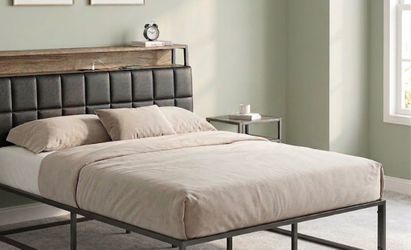 Queen Metal Platform Bed Frame with Storage Headboard with mattress