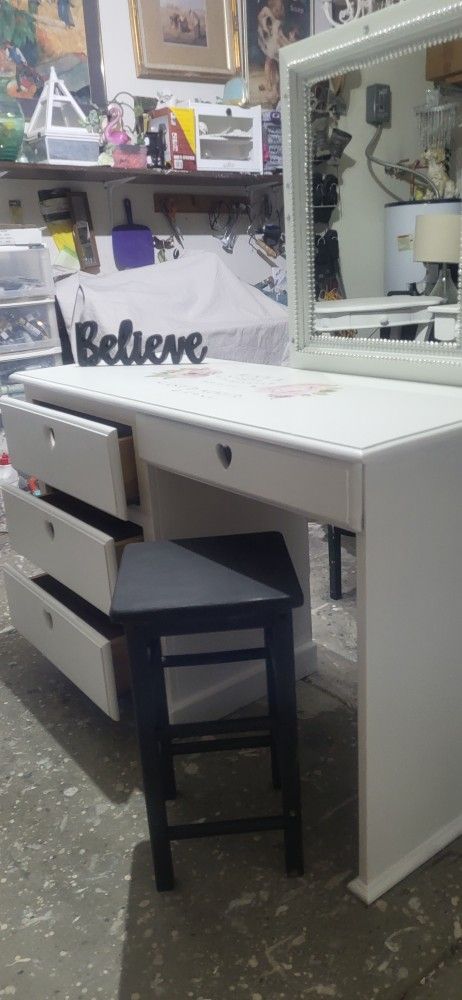 Beautiful Vintage Farmhouse Vanity With Beaded Mirror And Farmhouse Stool