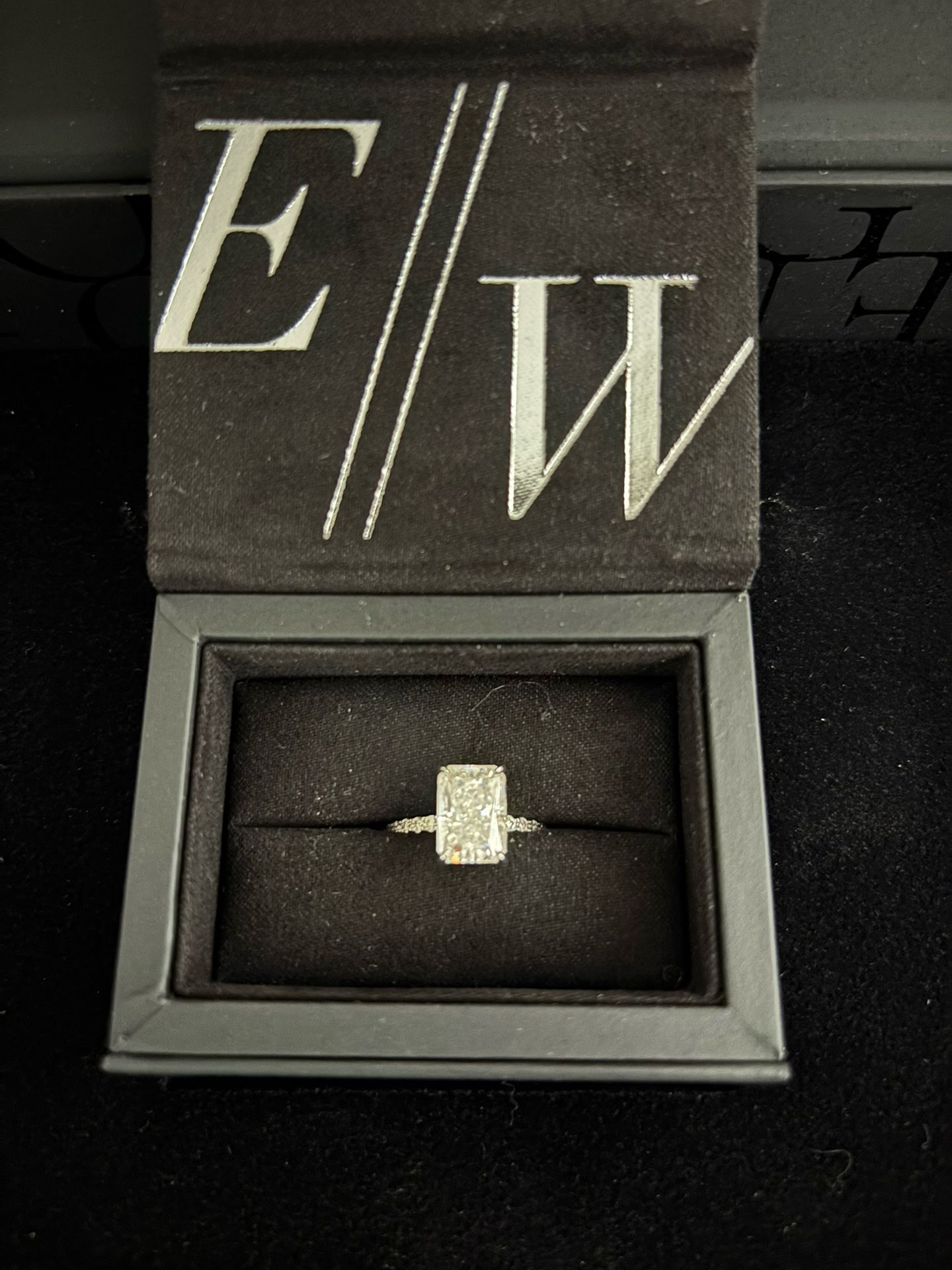 East West Gem Co. , Moissanite 3.1 Carat Radiant Cut on 14k White Gold, Size 7