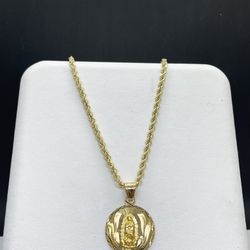 14k  Gold  Rope chain and  Virgin Mary Charm, Necklance gold pendant