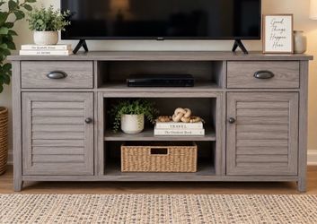 Gray Wood TV Stand with Doors and Drawers
