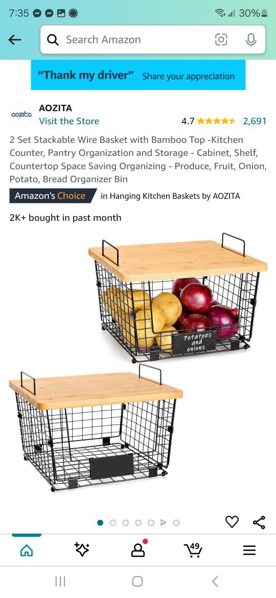 2 Set Stackable Wire Basket With Bamboo 