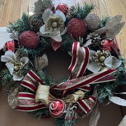 Elegant 24" Christmas Wreath with Red & Gold Ornaments - New in Box  Headline: Add a touch of timeless elegance to your home this holiday season with 