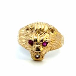 Men’s 10k Yellow Gold Roaring Lion Head with Red Stone Eyes and CZ Cubic Zirconia in Mouth Size 8.5 GP3121945