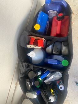 Garage essentials in storage organizer