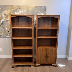 TWO 6 Foot Tall Bookshelves w/ 5 Adjustable Shelves-One Has Cabinet Doors- Bookcases w/ Trim Molding
