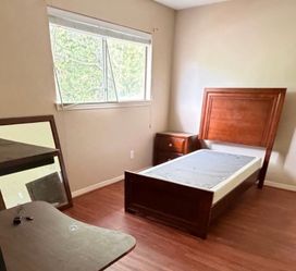 Vintage wood nightstand mirror and twin bedframe