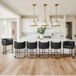 Set of 6 Modern Black Faux Leather Upholstered Counter Stool with Black Metal Frame Barrel Counter Bar Stool