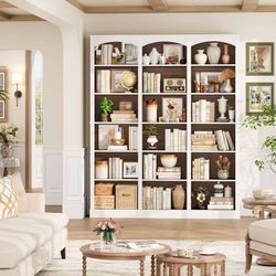 ❤️‍🔥 71" Triple Wide Bookshelf, 6 Tier Large Arch Walnut Bookcase. $120