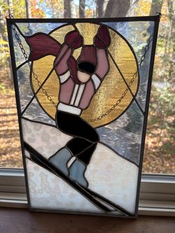Vintage Stained Glass Female Skier