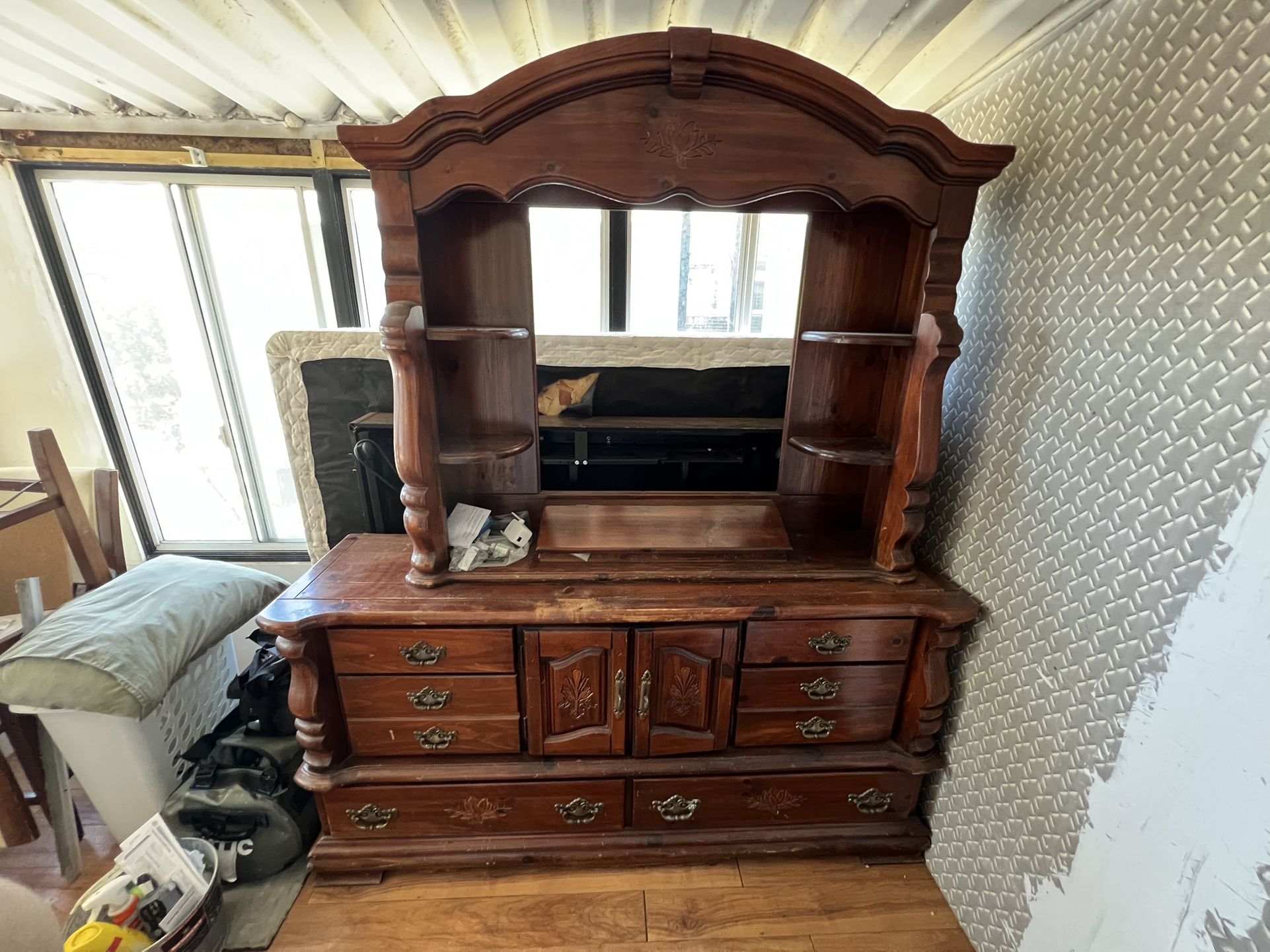 Vintage Wooden Hutch with Drawers and Display Shelves