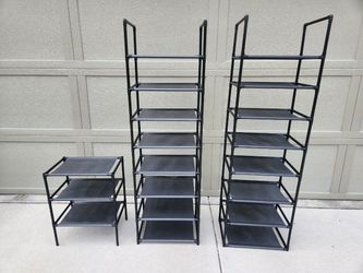 shoe rack - 3 pcs
18x12x59H" - 2 pcs
18x12x22.5H" - 1 pc
metal base
plastic board
all for $15
