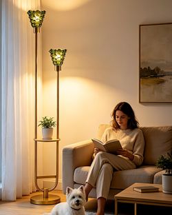 Modern Glass Floor Lamp with Shelf Gold
