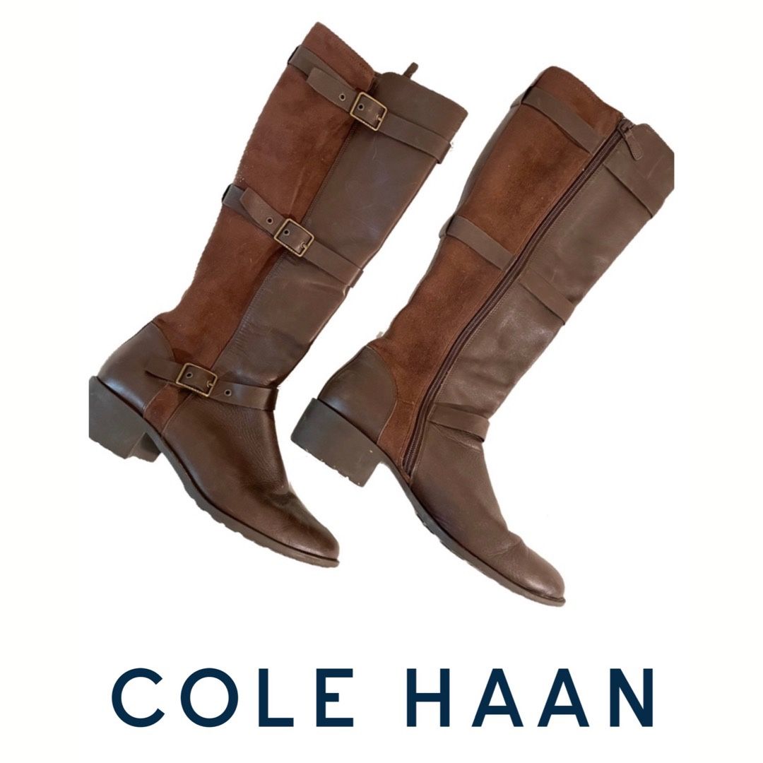 COLE HAAN • Salem Boot 9.5 • Brown Leather Stretch Suede Zipper Buckle Tall Knee