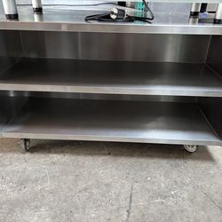 Stainless steel 60x30 enclosed food prep NSF table on wheels double shelf on wheels open cabinet