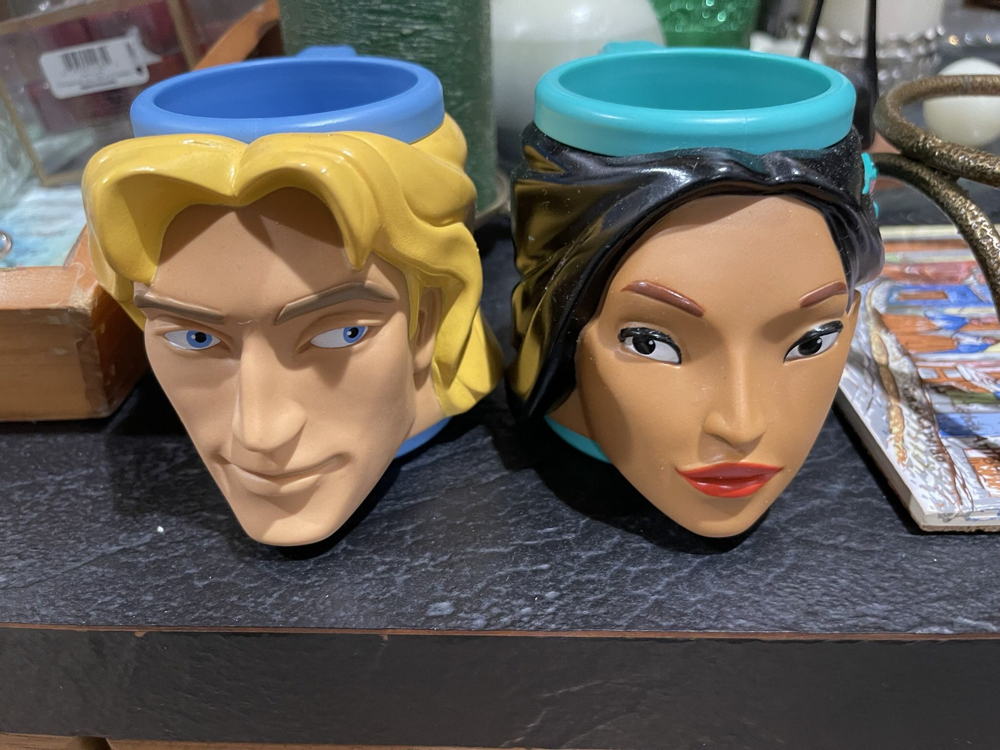 Disney POCAHONTAS & John smith Kids 3D Cup Mug Applause 90s Vintage Rare Set (2)