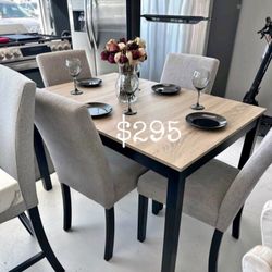 5-Pc Dining Table Set Natural Wood Top, Black Wood Frame And Grey Fabric Upholstered Chairs 