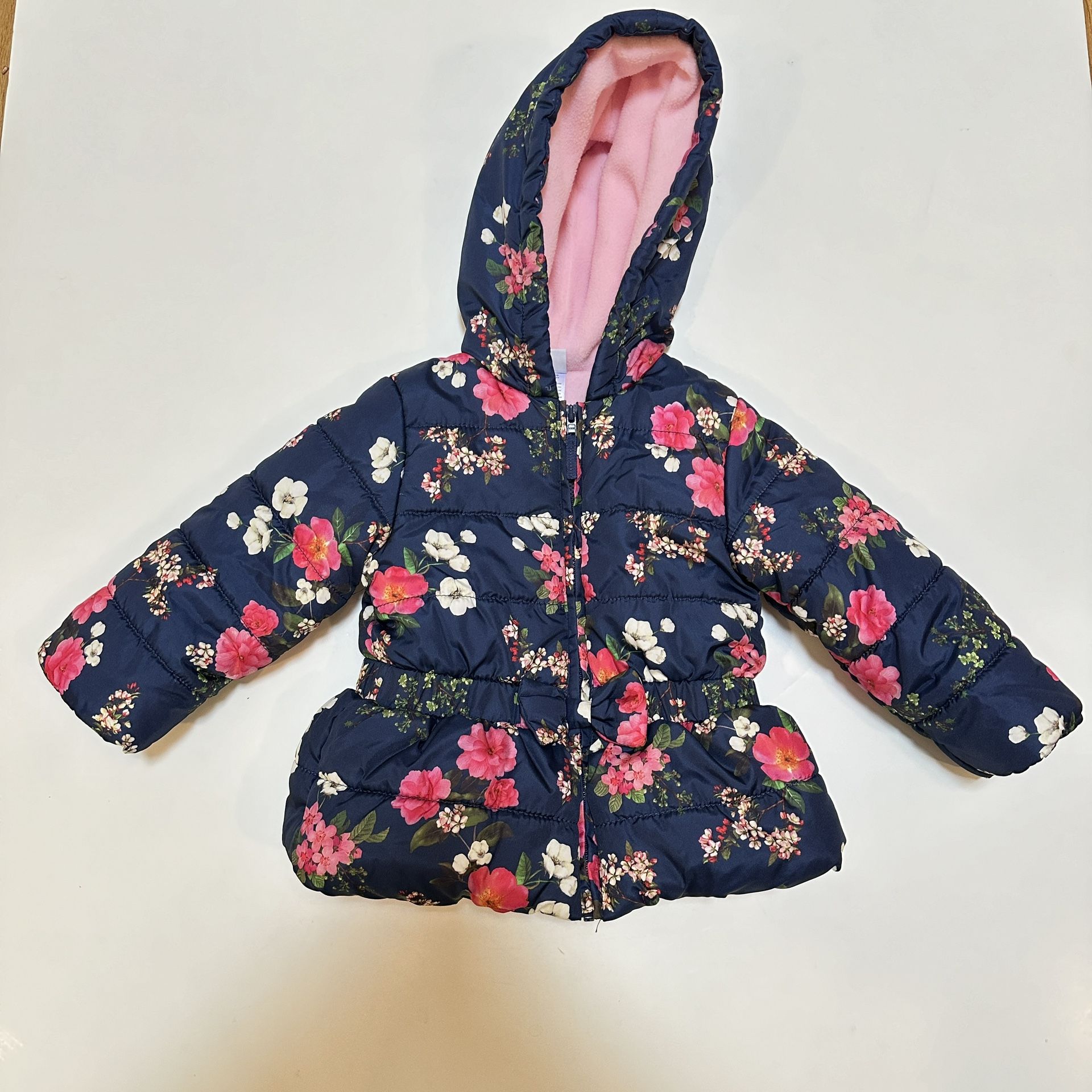 Little Me Floral Blue Puffer Coat Hooded Fleece Line Infant Sz 18 months