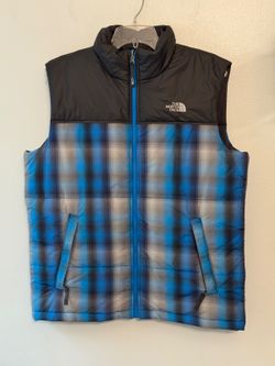 The North Face Boys Blue Plaid Puffer Vest XL, Gorpcore, Cabincore