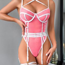 Small Pink Teddy Lingerie For Women,Strappy Mesh Exotic Garter Belt Bodysuit,Rave Festival Outfits 3 Pieces Glow In The Dark