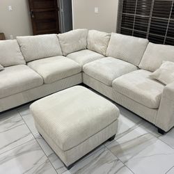 New Corduroy Fabric Sectional.  Off White / Beige.  99” X 99”.  Free Delivery!
