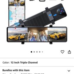 3 Channel Mirror Dash Cam, 12"Inside and Rear 1080P Cameras with WiFi, G-Sensor, Reverse Assist