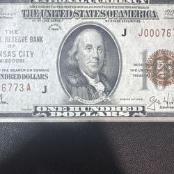 #156 🔥 RARE 1929 $100 NATIONAL CURRENCY — KANSAS CITY DISTRICT “J” — BROWN SEAL — EARLY SERIAL — VINTAGE U.S. HISTORY! 🔥