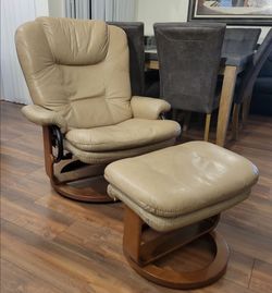 Oversized genuine leather recliner chair with matching ottoman