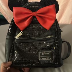 Loungefly Used Minnie Mouse Black Sequence Red Bow Mini Backpack 