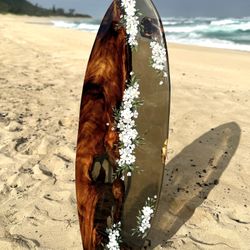 Surfboard Art, 57 Inch, Hawaiian Monkeypod And Epoxy Floral White Design
