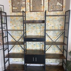 IRONCK Bookcases and Bookshelves Triple Wide 5 Tiers Industrial Bookshelf with Drawer and Door Large Etagere Bookshelf Open Display Shelves for Living