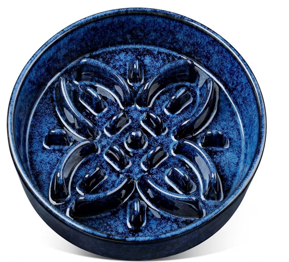 Vancasso Ceramic Slow Feeder Dog Bowls, Puzzle Dog Food Bowls with Floral Maze, Anti -Slip Pet Food Dish for Large Breed, 3 Cups, Blue