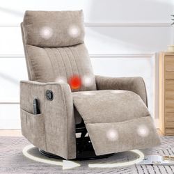 Swivel Rocker Recliner, Glider Rocker Recliner Chair for Nursery, Manual Reclining Chair with Heated Massage, Small Spaces, Living Room, Khaki Chenill