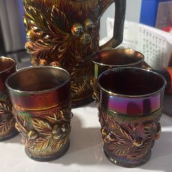 ANTIQUE NORTHWOOD ACORN BURRS CARNIVAL GLASS PITCHER AMETHYST PLUS CUPS