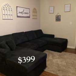 ✅No Tax ✅ Black Corduroy Sectional Sofa Brand New