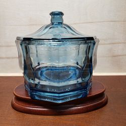 Indiana Blue Glass Candy Dish Lidded Octagon Shaped 