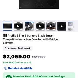 NEW GE PROFILE 36”INDUCTION 5 BURNER ELECTRIC COOKTOP IN BOX. SMART 4/16/25