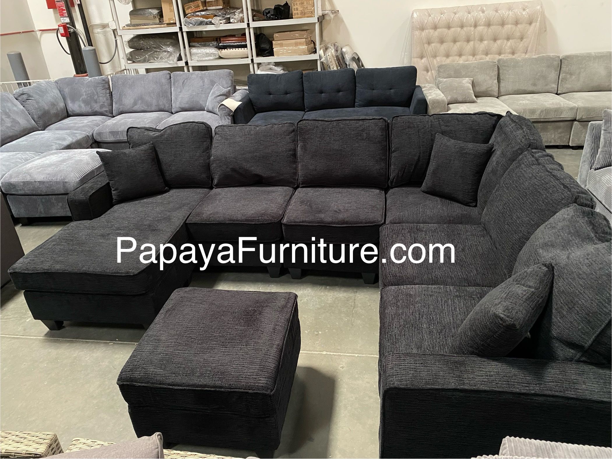 New 113” Chennile Sectional Couch, U-Shaped Sectional Sofa, Couch, Sectionals, Sectional And Ottoman, Couch, Black Sectional, Reversible Chaise Sofa D