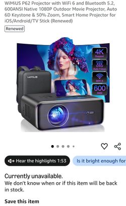 WiMiUS P62 Projector with WiFi 6 and Bluetooth 5.2,